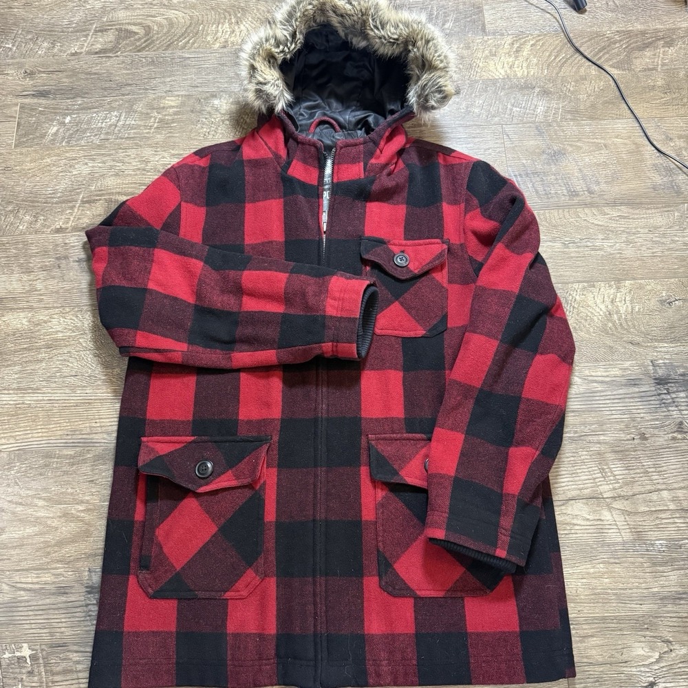 Aeropostale  Women's Red Plaid Wool Blend Coat Hood Faux Fur Trim‎ Size M Y2K